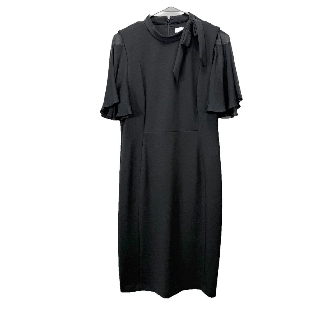 Calvin Klein Black Bow Neck Chiffon Sleeve Stretch Crepe Sheath Dress Size 12 - Picture 4 of 12